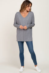 Heather Grey Ribbed Oversized Hi-Low Long Sleeve Top