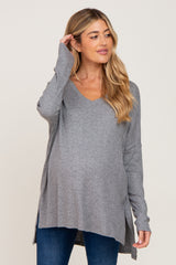 Heather Grey Ribbed Oversized Hi-Low Maternity Long Sleeve Top