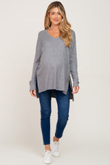 Heather Grey Ribbed Oversized Hi-Low Maternity Long Sleeve Top