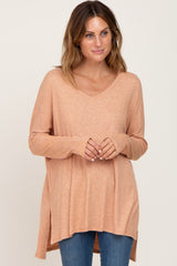 Peach Ribbed Oversized Hi-Low Maternity Long Sleeve Top