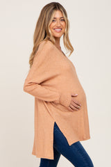 Peach Ribbed Oversized Hi-Low Maternity Long Sleeve Top