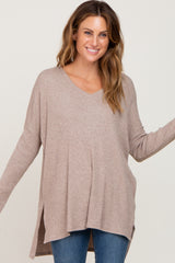 Taupe Ribbed Oversized Hi-Low Long Sleeve Top