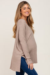 Taupe Ribbed Oversized Hi-Low Maternity Long Sleeve Top