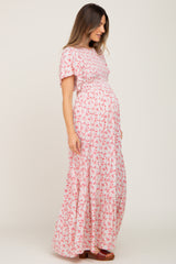 Pink Floral Smocked Tiered Maternity Maxi Dress