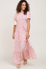 Pink Floral Smocked Tiered Maternity Maxi Dress