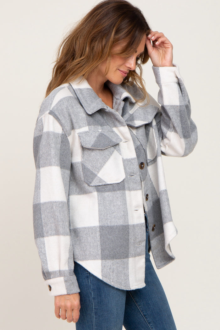 Grey Plaid Knit Shirt Jacket