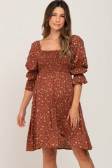 Brown Floral Ruffle Sleeve Smocked Maternity Dress