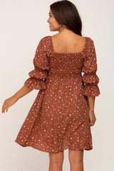 Brown Floral Ruffle Sleeve Smocked Maternity Dress