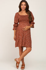 Brown Floral Ruffle Sleeve Smocked Maternity Dress