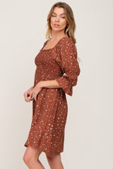 Brown Floral Ruffle Sleeve Smocked Dress