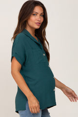 Forest Green Collared Button-Down Short Sleeve Maternity Blouse