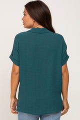 Forest Green Collared Button-Down Short Sleeve Maternity Blouse