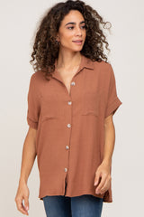 Camel Collared Button-Down Short Sleeve Maternity Blouse