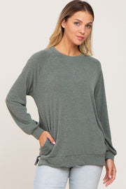 Olive Hi-Low Side Slit Long Sleeve Top