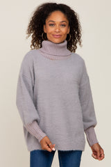 Grey Fuzzy Knit Turtleneck Sweater