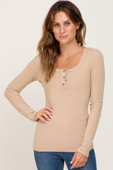 Taupe Ribbed Button Front Long Sleeve Maternity Top