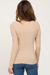 Taupe Ribbed Button Front Long Sleeve Top