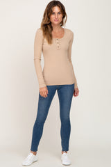 Taupe Ribbed Button Front Long Sleeve Top