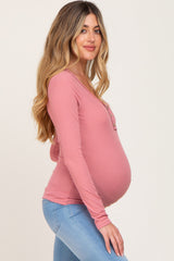 Pink Ribbed Button Front Long Sleeve Maternity Top