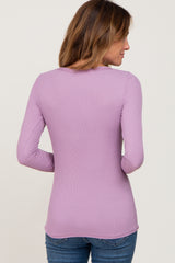 Lavender Ribbed Button Front Long Sleeve Top