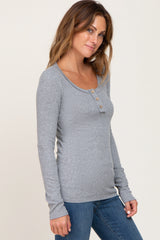 Heather Grey Ribbed Button Front Long Sleeve Top