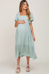 Mint Green Button Front Maternity Midi Dress