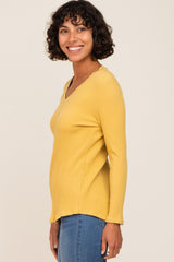 Yellow Ribbed V-Neck Long Sleeve Top