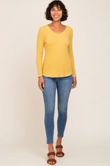 Yellow Ribbed V-Neck Long Sleeve Top