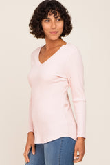 Light Pink Ribbed V-Neck Long Sleeve Top