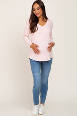 Light Pink Ribbed V-Neck Long Sleeve Maternity Top