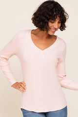 Light Pink Ribbed V-Neck Long Sleeve Top