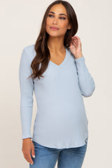 Light Blue Ribbed V-Neck Long Sleeve Maternity Top