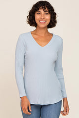 Light Blue Ribbed V-Neck Long Sleeve Maternity Top