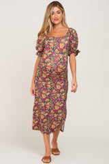 Navy Blue Floral Ribbed Maternity Midi Dress