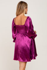 Magenta Satin Square Neck Babydoll Maternity Mini Dress