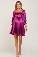 Magenta Satin Square Neck Babydoll Maternity Mini Dress