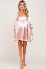 Light Pink Satin Square Neck Babydoll Maternity Mini Dress