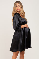 Black Satin Square Neck Babydoll Maternity Mini Dress