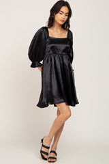 Black Satin Square Neck Babydoll Mini Dress