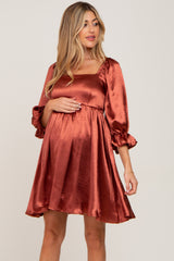 Rust Satin Square Neck Babydoll Maternity Mini Dress