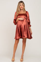 Rust Satin Square Neck Babydoll Maternity Mini Dress