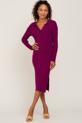 Plum Ribbed Side Slit Long Sleeve Maternity Dress