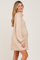 Beige Turtleneck Maternity Sweater Dress