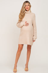 Beige Turtleneck Maternity Sweater Dress