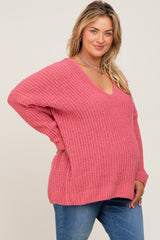 Salmon Chenille Knit V-Neck Maternity Plus Sweater