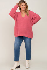 Salmon Chenille Knit V-Neck Maternity Plus Sweater