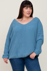 Blue Chenille Knit V-Neck Plus Sweater