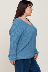 Blue Chenille Knit V-Neck Plus Sweater