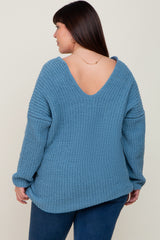 Blue Chenille Knit V-Neck Plus Sweater