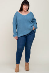 Blue Chenille Knit V-Neck Plus Sweater